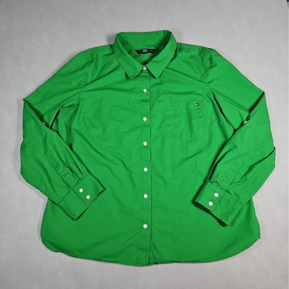 Tommy Hilfiger Womens Green Button Up Long Sleeve Blouse Size XL